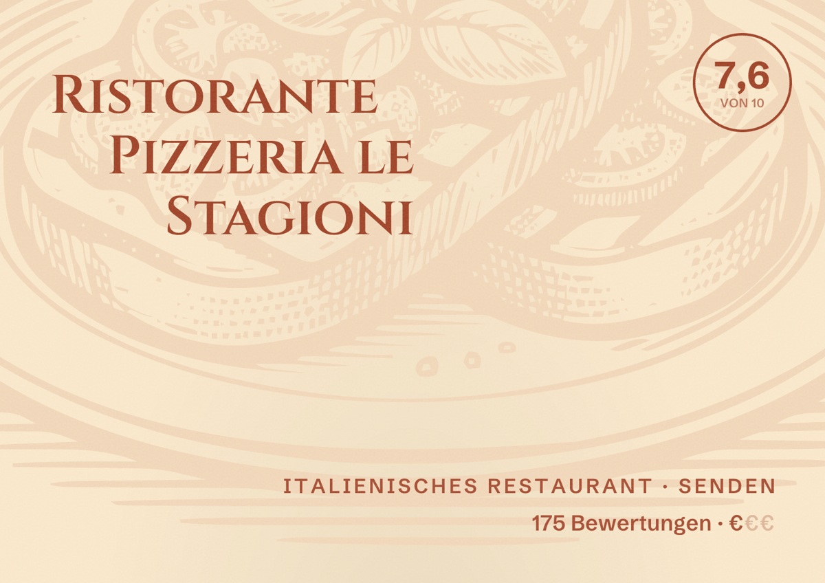 Illustriertes Poster von Ristorante Pizzeria le Stagioni, Italienisches Restaurant in Senden: Bewertung 7,6 von 10 aus 175 Bewertungen, Preisniveau €