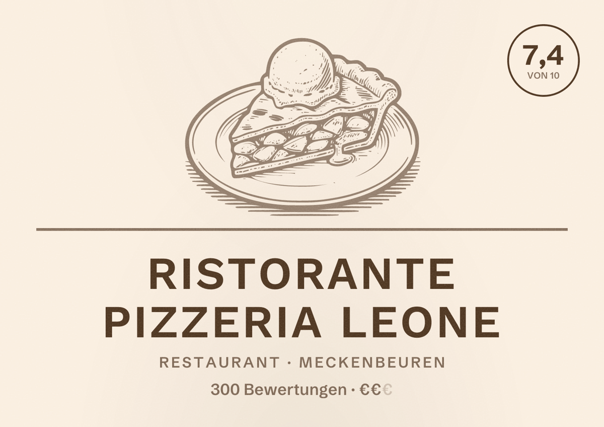 Illustriertes Poster von Ristorante Pizzeria Leone, Restaurant in Meckenbeuren: Bewertung 7,4 von 10 aus 300 Bewertungen, Preisniveau €€