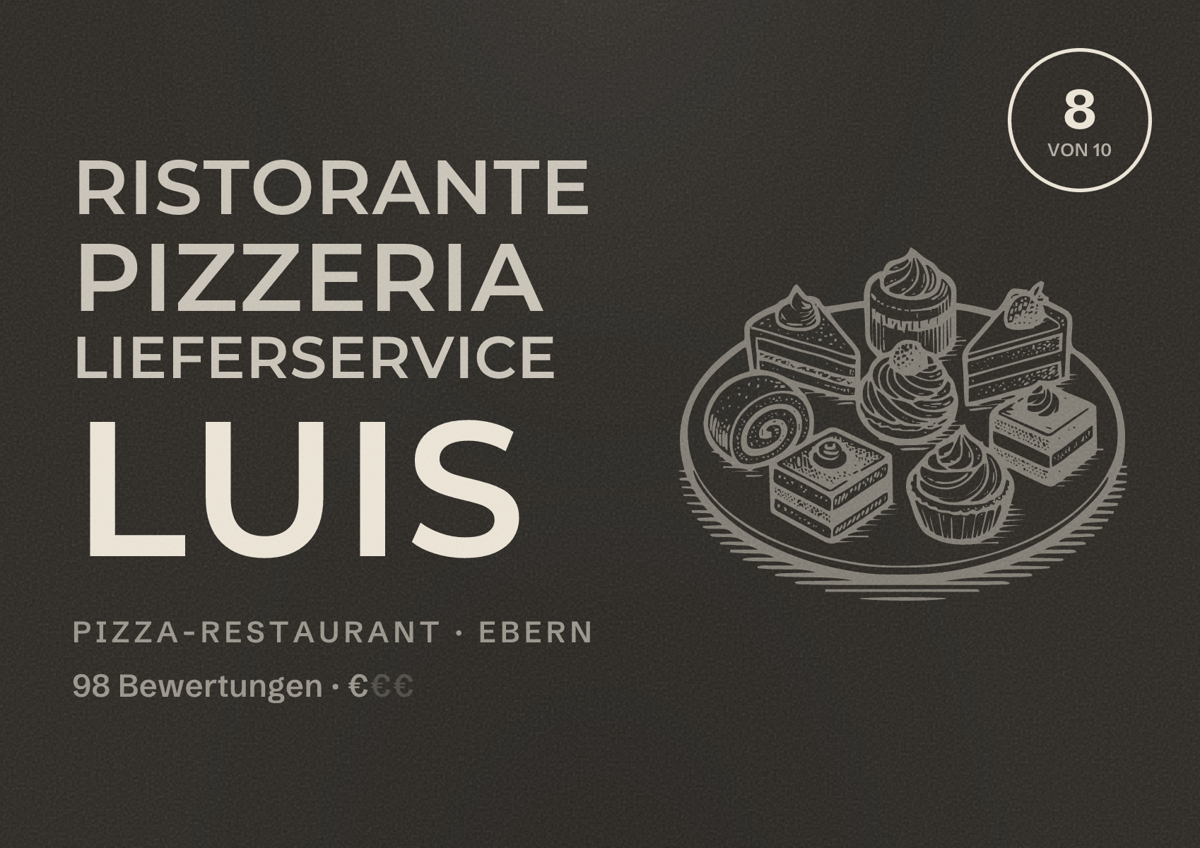 Illustriertes Poster von Ristorante Pizzeria Lieferservice LUIS, Pizza-Restaurant in Ebern: Bewertung 8 von 10 aus 98 Bewertungen, Preisniveau €