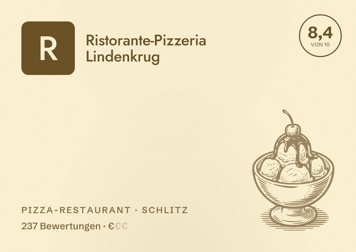 Illustriertes Poster von Ristorante-Pizzeria Lindenkrug, Pizza-Restaurant in Schlitz: Bewertung 8,4 von 10 aus 237 Bewertungen, Preisniveau €
