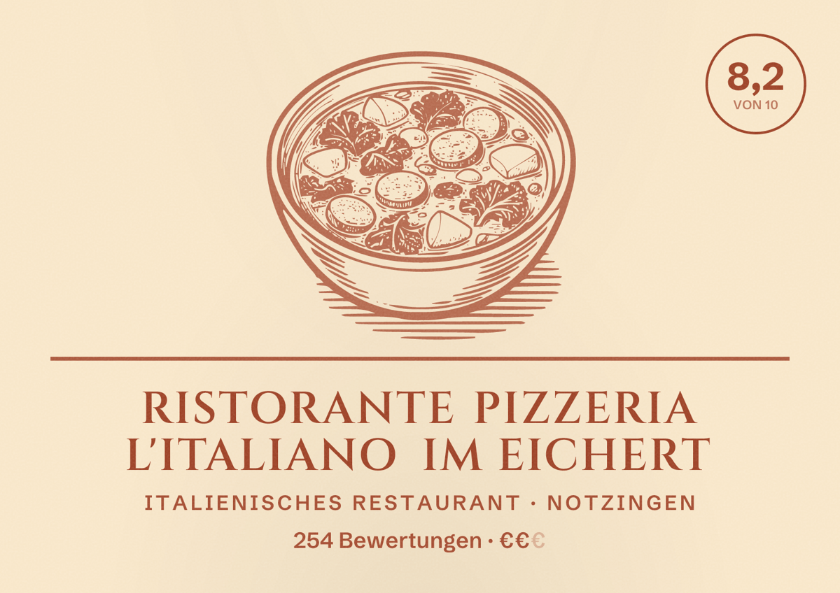 Illustriertes Poster von Ristorante Pizzeria L'Italiano im Eichert, Italienisches Restaurant in Notzingen: Bewertung 8,2 von 10 aus 254 Bewertungen, Preisniveau €€