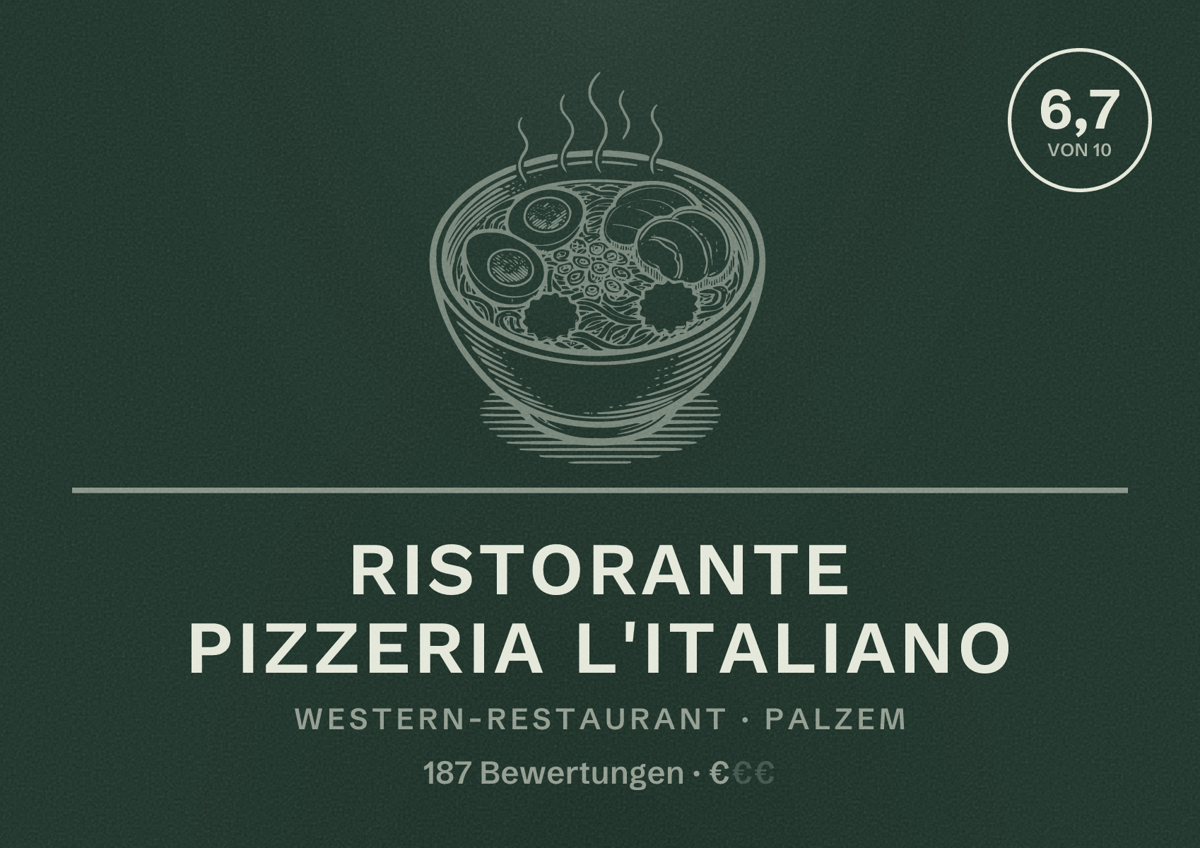 Illustriertes Poster von Ristorante Pizzeria L'italiano, Western-Restaurant in Palzem: Bewertung 6,7 von 10 aus 187 Bewertungen, Preisniveau €