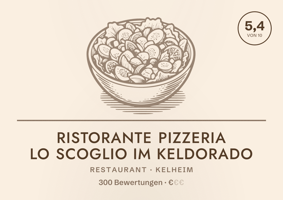 Illustriertes Poster von Ristorante Pizzeria Lo Scoglio im Keldorado, Restaurant in Kelheim: Bewertung 5,4 von 10 aus 300 Bewertungen, Preisniveau €