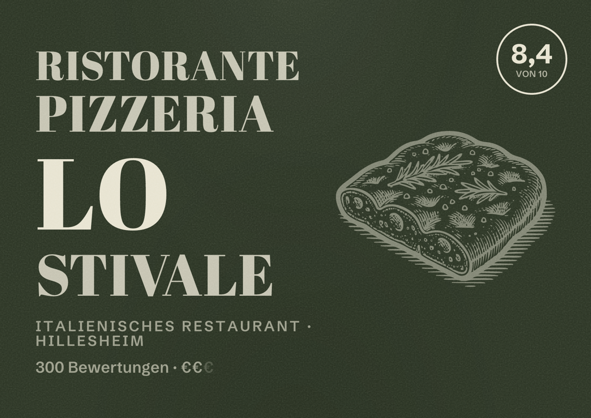 Illustriertes Poster von Ristorante Pizzeria Lo Stivale, Italienisches Restaurant in Hillesheim: Bewertung 8,4 von 10 aus 300 Bewertungen, Preisniveau €€