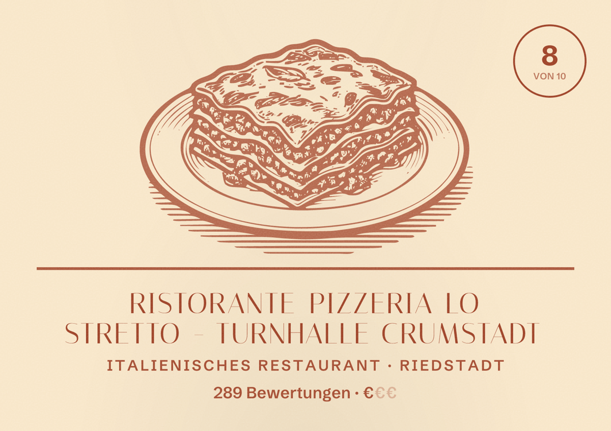 Illustriertes Poster von Ristorante Pizzeria Lo Stretto - Turnhalle Crumstadt, Italienisches Restaurant in Riedstadt: Bewertung 8 von 10 aus 289 Bewertungen, Preisniveau €