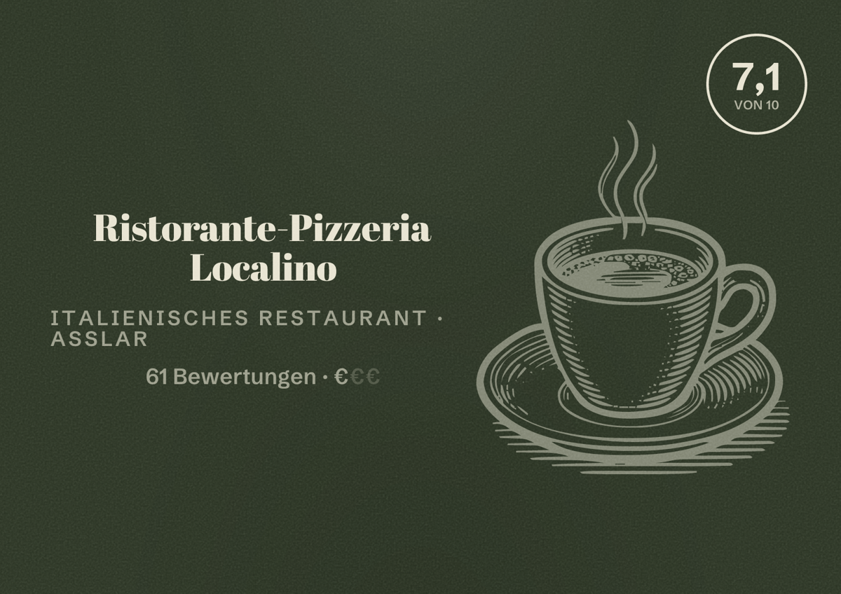 Illustriertes Poster von Ristorante-Pizzeria Localino, Italienisches Restaurant in Aßlar: Bewertung 7,1 von 10 aus 61 Bewertungen, Preisniveau €