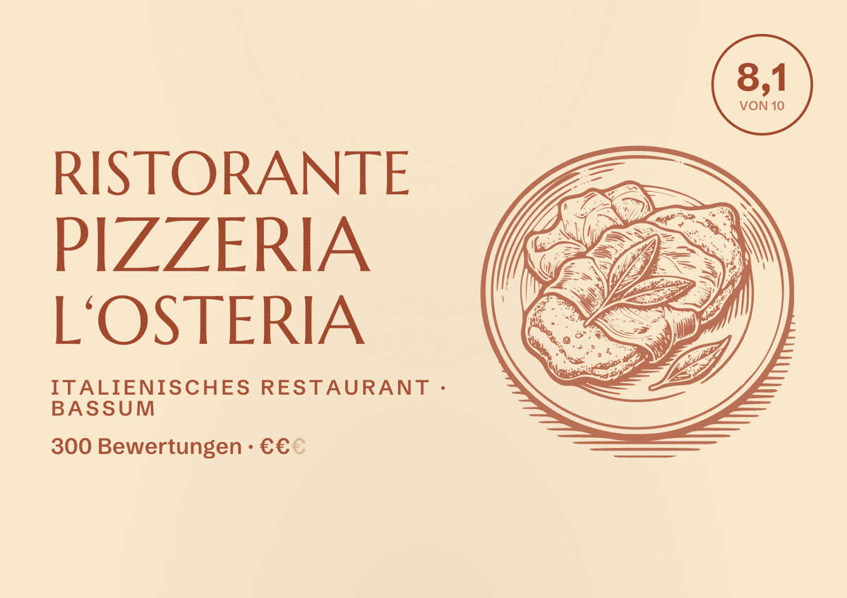 Illustriertes Poster von Ristorante Pizzeria L‘Osteria, Italienisches Restaurant in Bassum: Bewertung 8,1 von 10 aus 300 Bewertungen, Preisniveau €€