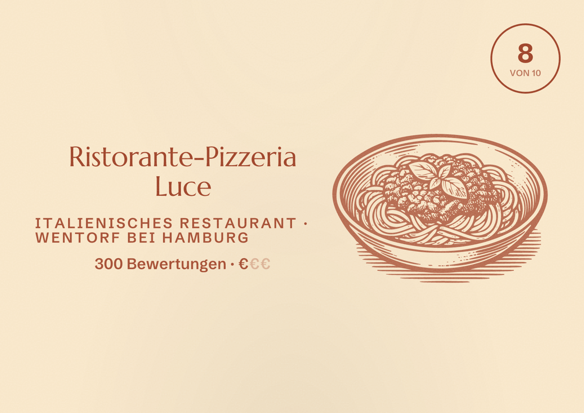 Illustriertes Poster von Ristorante-Pizzeria Luce, Italienisches Restaurant in Wentorf bei Hamburg: Bewertung 8 von 10 aus 300 Bewertungen, Preisniveau €