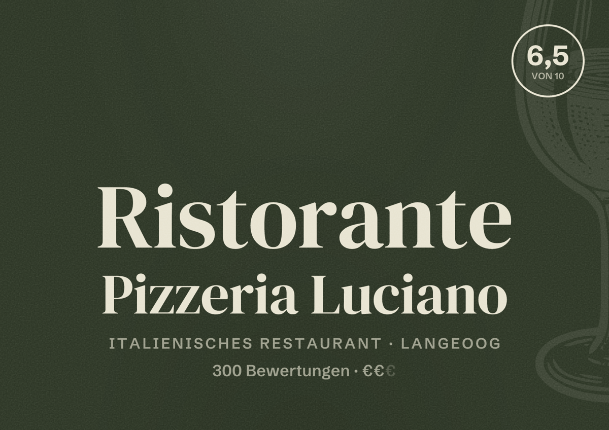 Illustriertes Poster von Ristorante Pizzeria Luciano, Italienisches Restaurant in Langeoog: Bewertung 6,5 von 10 aus 300 Bewertungen, Preisniveau €€