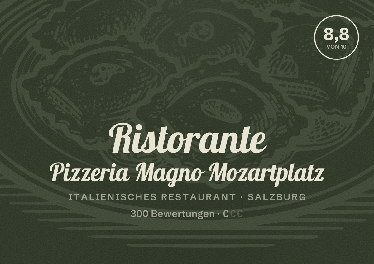Illustriertes Poster von Ristorante Pizzeria Magno Mozartplatz, Italienisches Restaurant in Salzburg: Bewertung 8,8 von 10 aus 300 Bewertungen, Preisniveau €