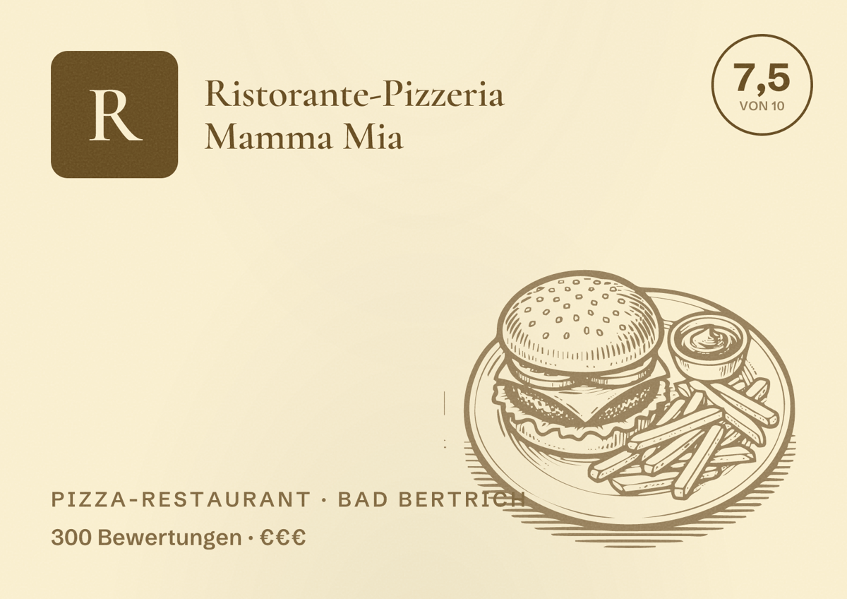 Illustriertes Poster von Ristorante-Pizzeria Mamma Mia, Pizza-Restaurant in Bad Bertrich: Bewertung 7,5 von 10 aus 300 Bewertungen, Preisniveau €€€