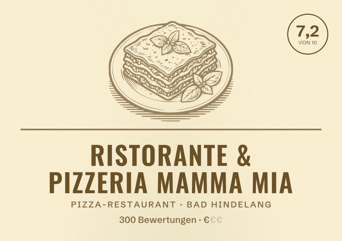 Illustriertes Poster von Ristorante & Pizzeria Mamma Mia, Pizza-Restaurant in Bad Hindelang: Bewertung 7,2 von 10 aus 300 Bewertungen, Preisniveau €