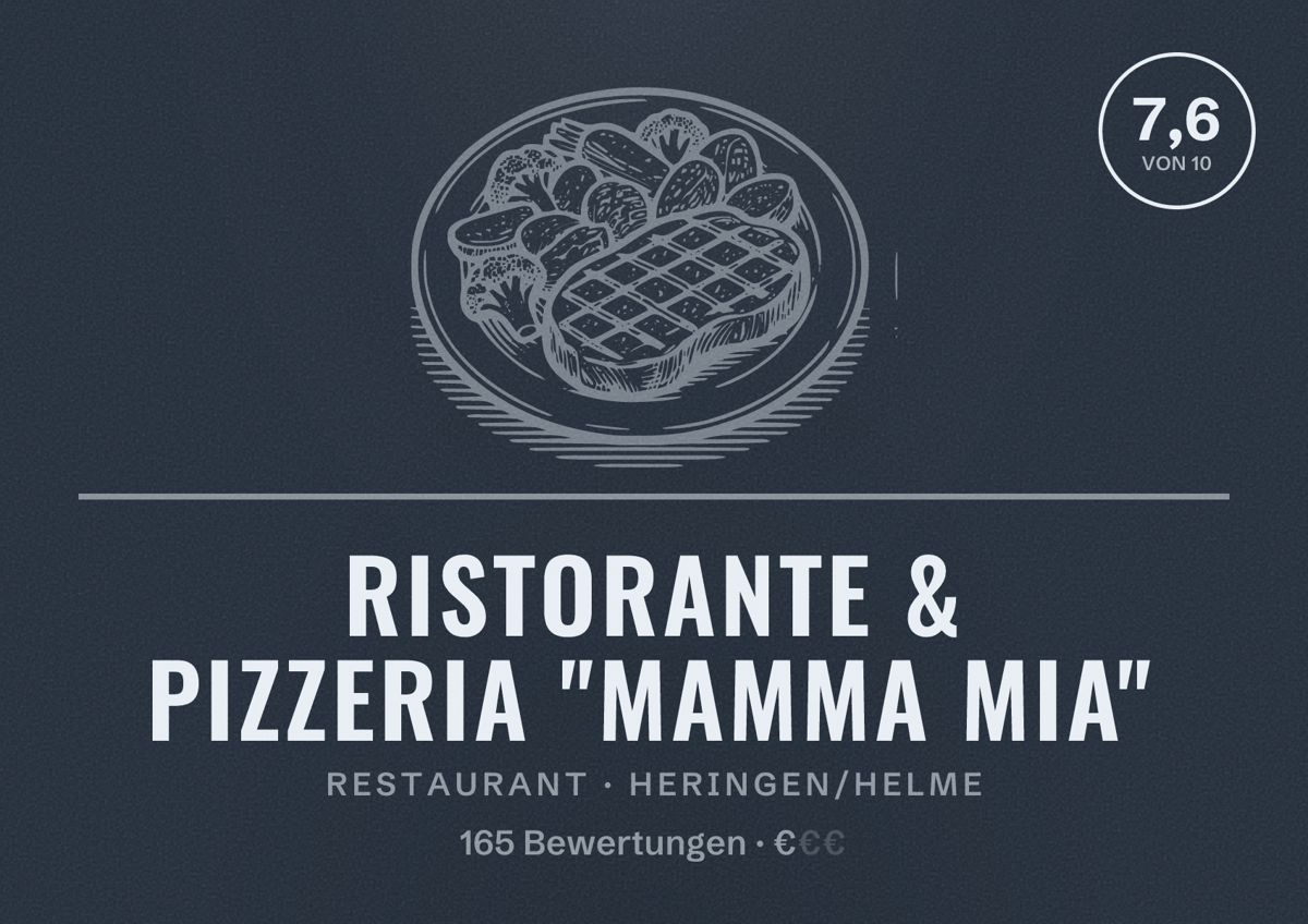 Illustriertes Poster von Ristorante & Pizzeria "Mamma Mia", Restaurant in Heringen/Helme: Bewertung 7,6 von 10 aus 165 Bewertungen, Preisniveau €
