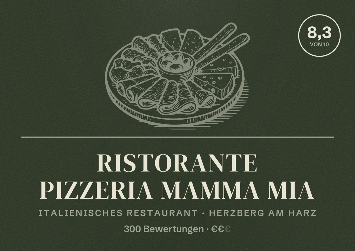 Illustriertes Poster von Ristorante Pizzeria Mamma Mia, Italienisches Restaurant in Herzberg am Harz: Bewertung 8,3 von 10 aus 300 Bewertungen, Preisniveau €€