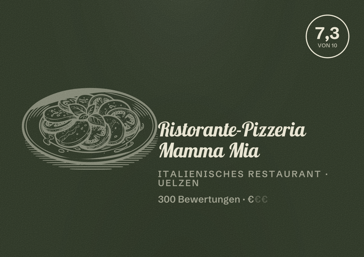 Illustriertes Poster von Ristorante-Pizzeria Mamma Mia, Italienisches Restaurant in Uelzen: Bewertung 7,3 von 10 aus 300 Bewertungen, Preisniveau €