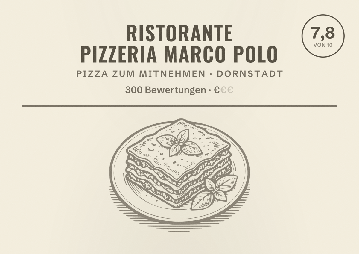Illustriertes Poster von Ristorante Pizzeria Marco Polo, Pizza zum Mitnehmen in Dornstadt: Bewertung 7,8 von 10 aus 300 Bewertungen, Preisniveau €