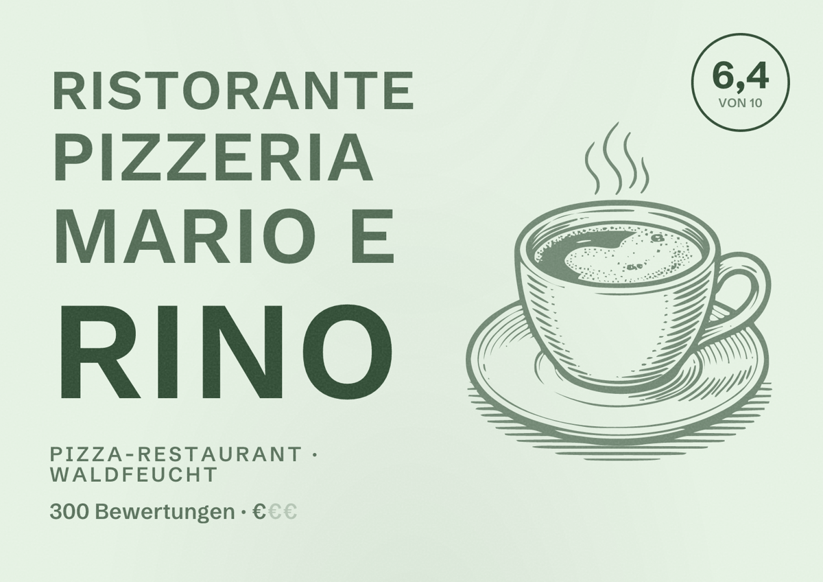 Illustriertes Poster von Ristorante Pizzeria Mario e Rino, Pizza-Restaurant in Waldfeucht: Bewertung 6,4 von 10 aus 300 Bewertungen, Preisniveau €