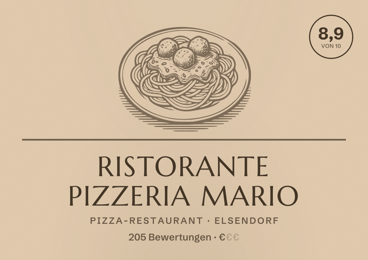 Illustriertes Poster von Ristorante Pizzeria Mario, Pizza-Restaurant in Elsendorf: Bewertung 8,9 von 10 aus 205 Bewertungen, Preisniveau €