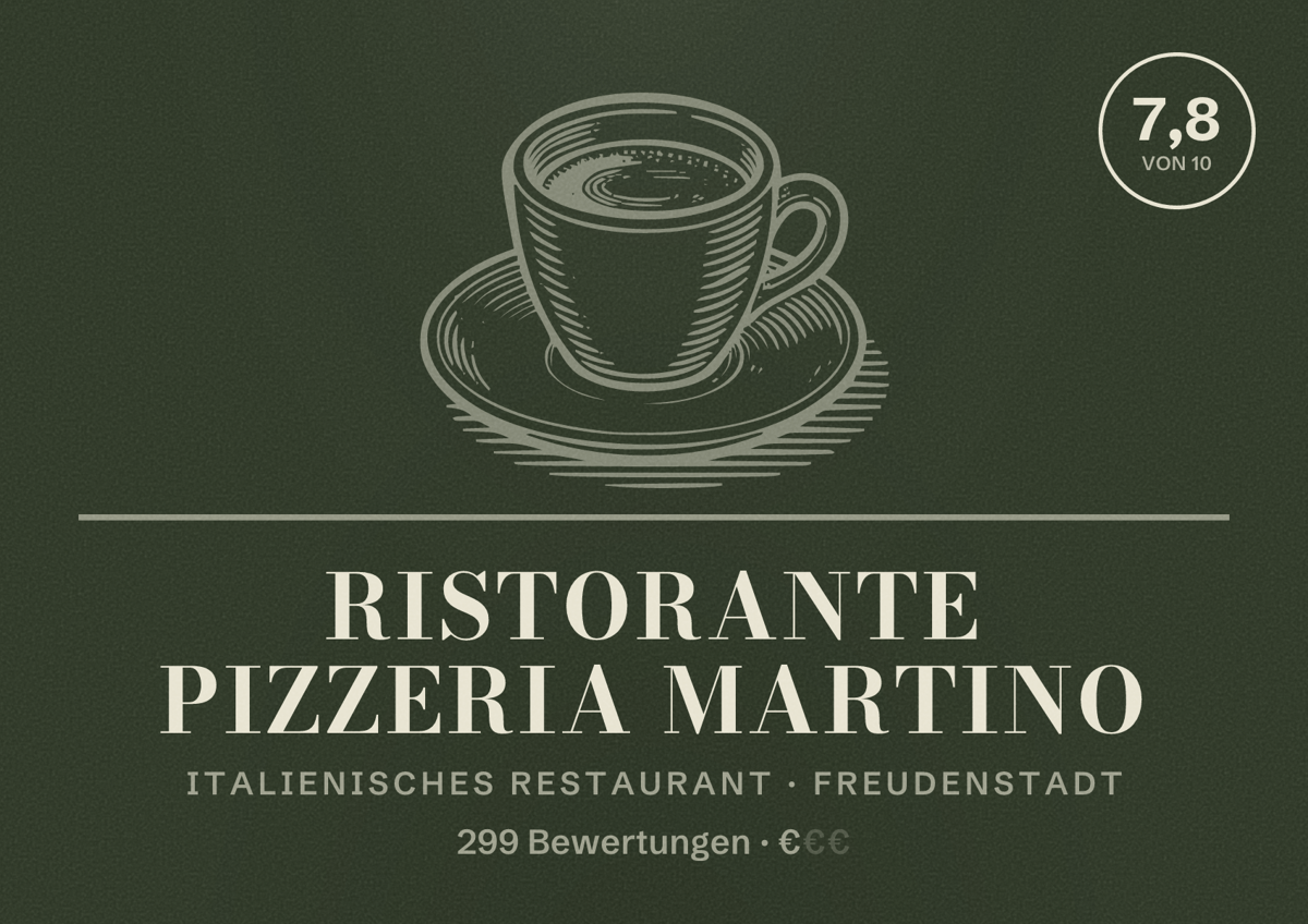 Illustriertes Poster von Ristorante Pizzeria Martino, Italienisches Restaurant in Freudenstadt: Bewertung 7,8 von 10 aus 299 Bewertungen, Preisniveau €