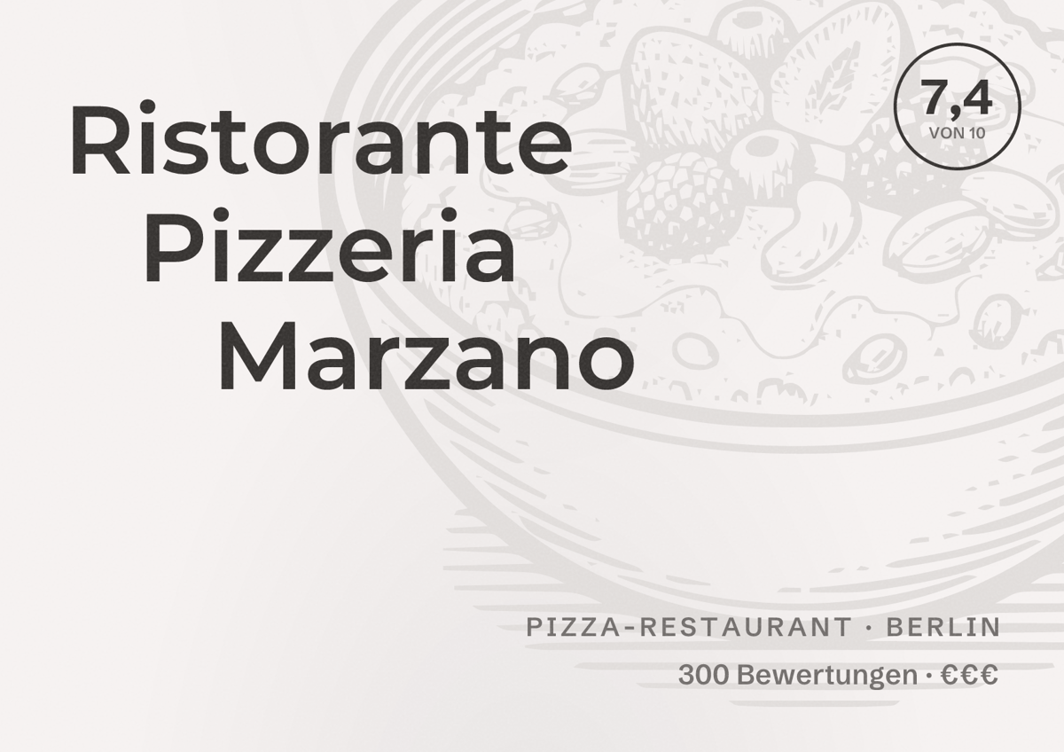 Illustriertes Poster von Ristorante Pizzeria Marzano, Pizza-Restaurant in Berlin: Bewertung 7,4 von 10 aus 300 Bewertungen, Preisniveau €€€