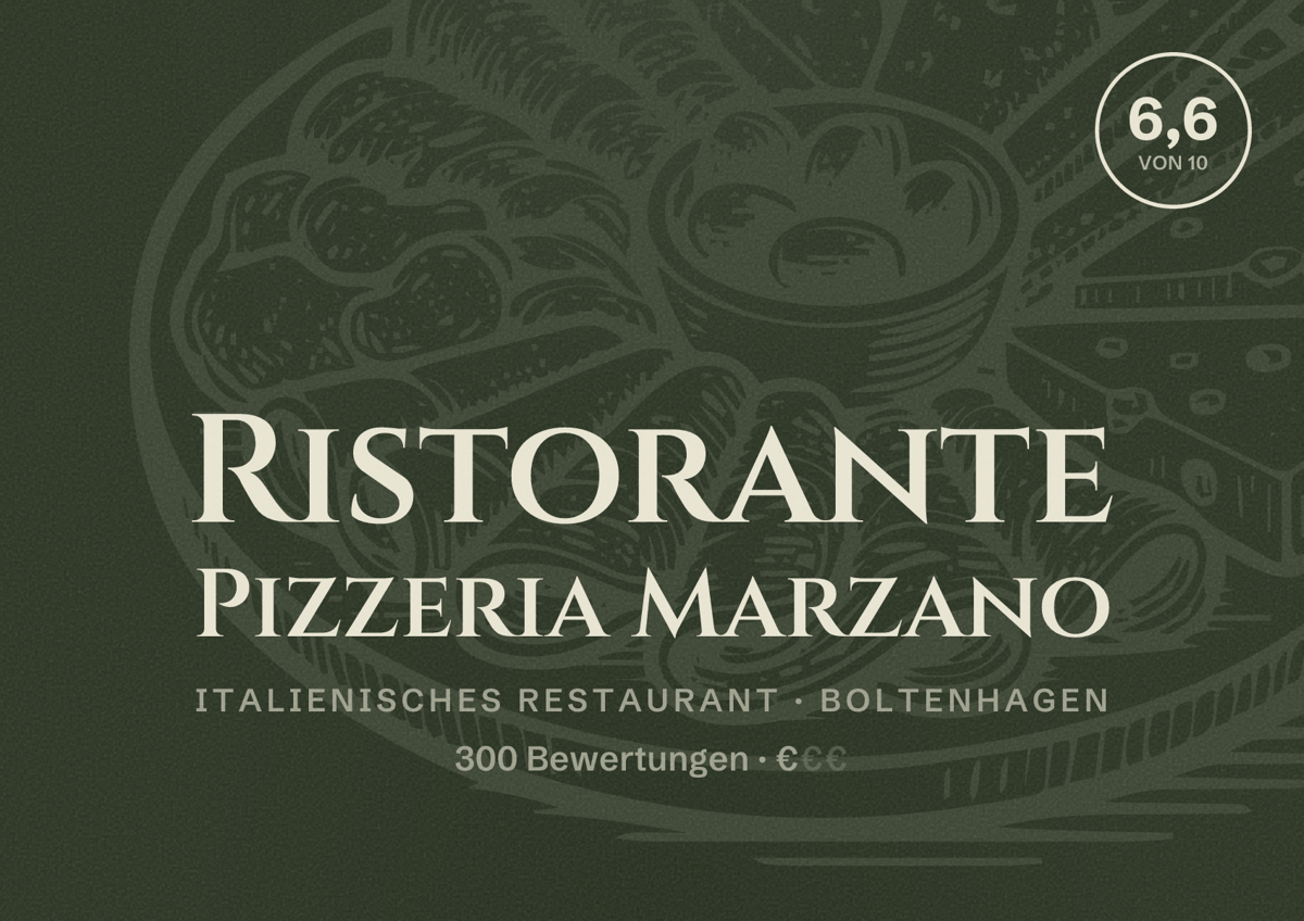 Illustriertes Poster von Ristorante Pizzeria Marzano, Italienisches Restaurant in Boltenhagen: Bewertung 6,6 von 10 aus 300 Bewertungen, Preisniveau €