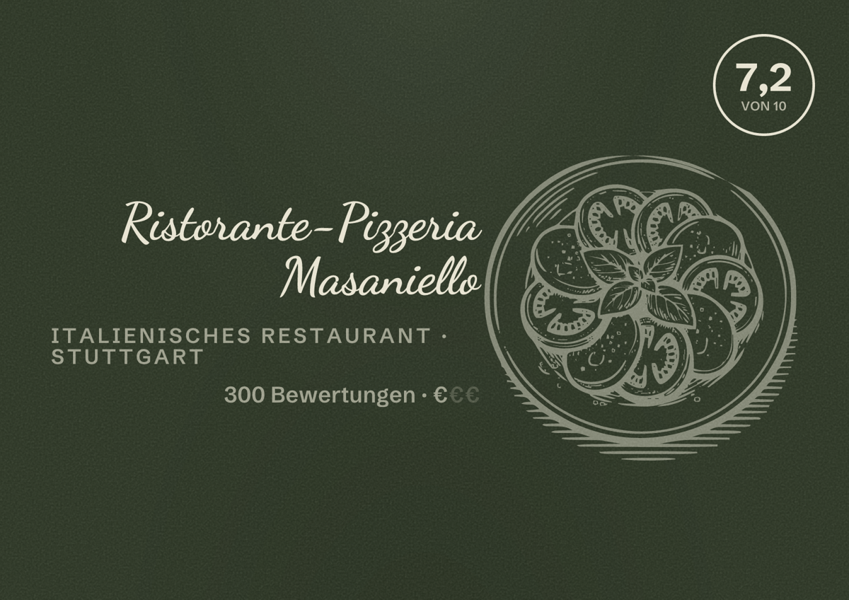 Illustriertes Poster von Ristorante-Pizzeria Masaniello, Italienisches Restaurant in Stuttgart: Bewertung 7,2 von 10 aus 300 Bewertungen, Preisniveau €