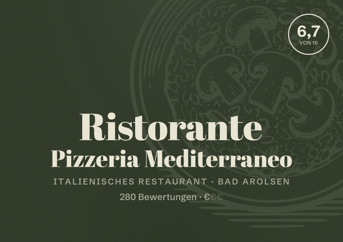 Illustriertes Poster von Ristorante Pizzeria Mediterraneo, Italienisches Restaurant in Bad Arolsen: Bewertung 6,7 von 10 aus 280 Bewertungen, Preisniveau €