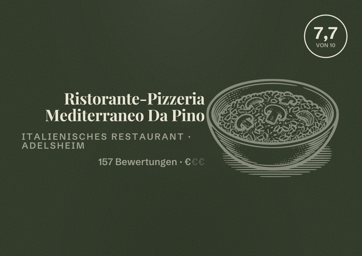 Illustriertes Poster von Ristorante-Pizzeria Mediterraneo Da Pino, Italienisches Restaurant in Adelsheim: Bewertung 7,7 von 10 aus 157 Bewertungen, Preisniveau €