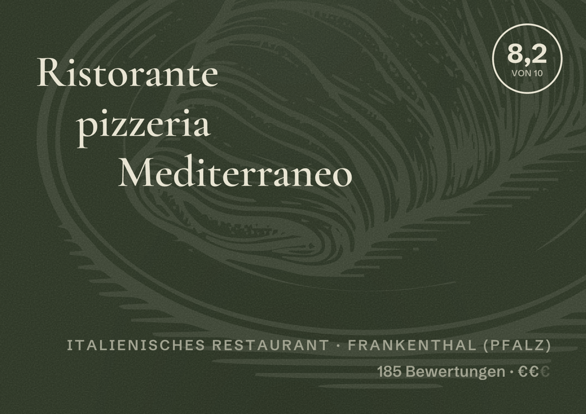 Illustriertes Poster von Ristorante pizzeria Mediterraneo, Italienisches Restaurant in Frankenthal (Pfalz): Bewertung 8,2 von 10 aus 185 Bewertungen, Preisniveau €€