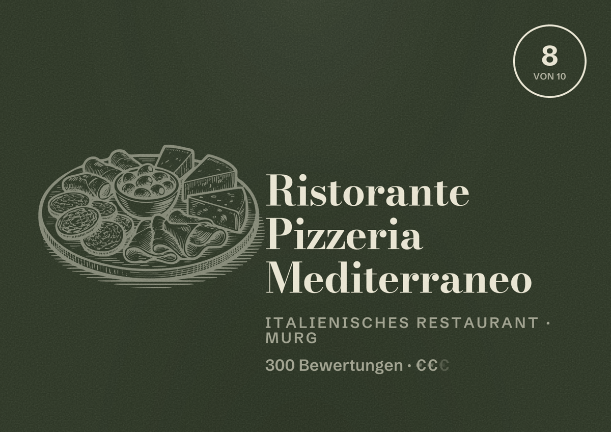 Illustriertes Poster von Ristorante Pizzeria Mediterraneo, Italienisches Restaurant in Murg: Bewertung 8 von 10 aus 300 Bewertungen, Preisniveau €€