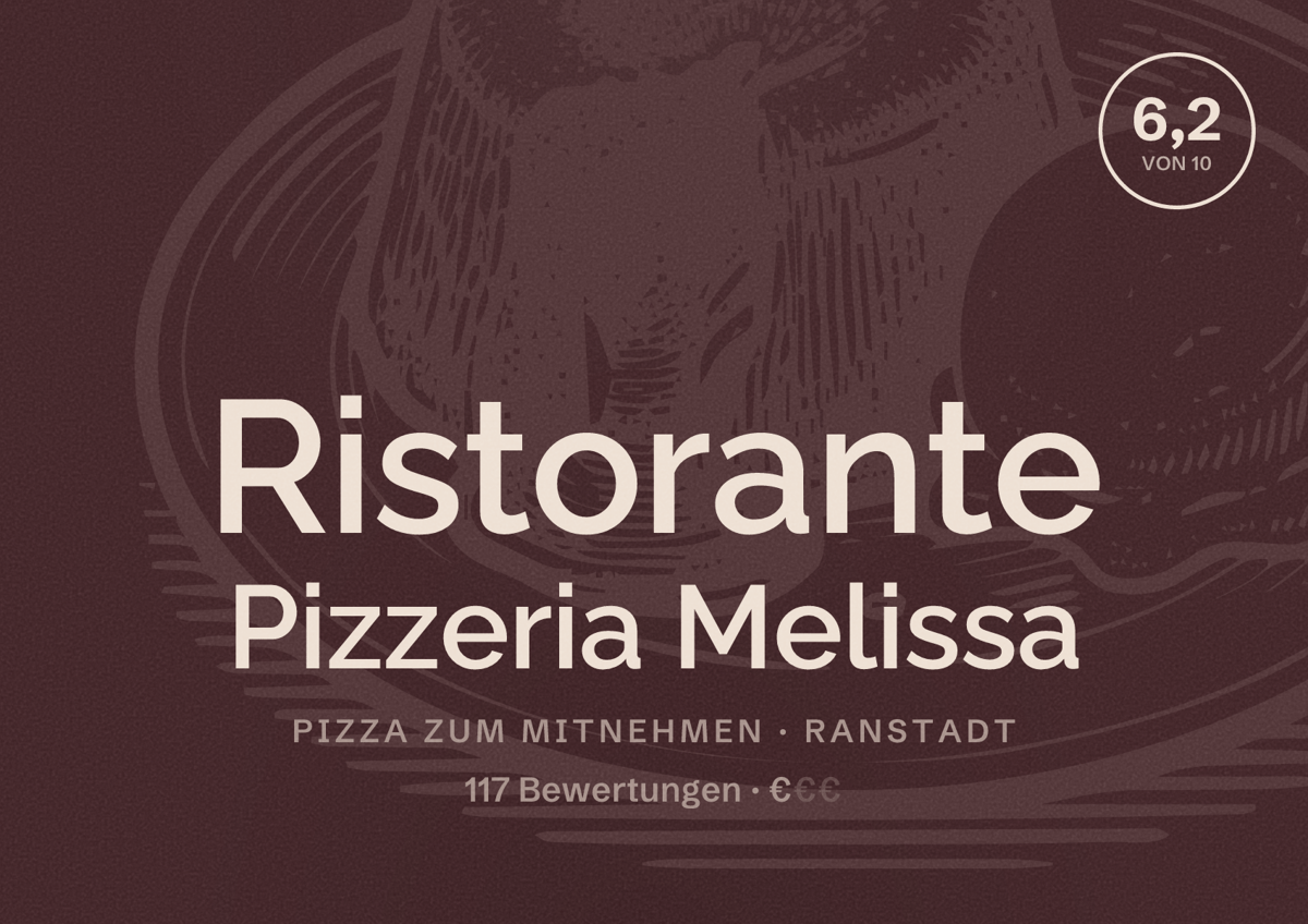 Illustriertes Poster von Ristorante Pizzeria Melissa, Pizza zum Mitnehmen in Ranstadt: Bewertung 6,2 von 10 aus 117 Bewertungen, Preisniveau €