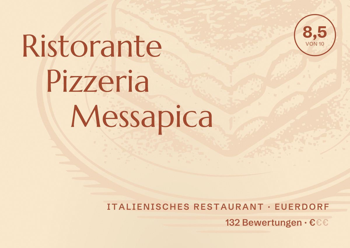 Illustriertes Poster von Ristorante Pizzeria Messapica, Italienisches Restaurant in Euerdorf: Bewertung 8,5 von 10 aus 132 Bewertungen, Preisniveau €