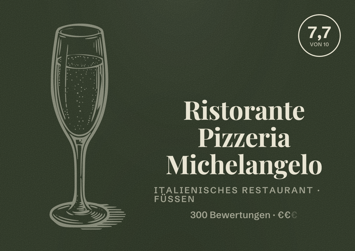 Illustriertes Poster von Ristorante Pizzeria Michelangelo, Italienisches Restaurant in Füssen: Bewertung 7,7 von 10 aus 300 Bewertungen, Preisniveau €€