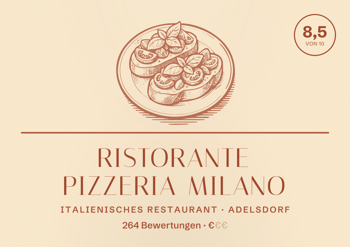 Illustriertes Poster von Ristorante Pizzeria Milano, Italienisches Restaurant in Adelsdorf: Bewertung 8,5 von 10 aus 264 Bewertungen, Preisniveau €