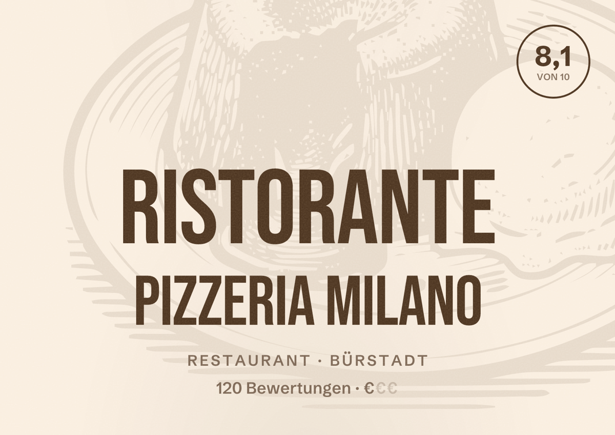 Illustriertes Poster von Ristorante Pizzeria Milano, Restaurant in Bürstadt: Bewertung 8,1 von 10 aus 120 Bewertungen, Preisniveau €