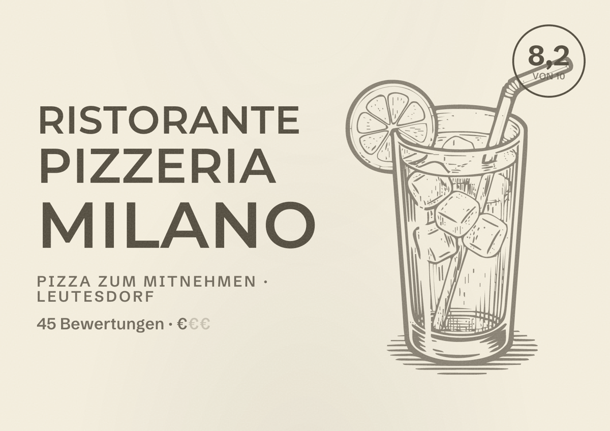 Illustriertes Poster von Ristorante Pizzeria Milano, Pizza zum Mitnehmen in Leutesdorf: Bewertung 8,2 von 10 aus 45 Bewertungen, Preisniveau €