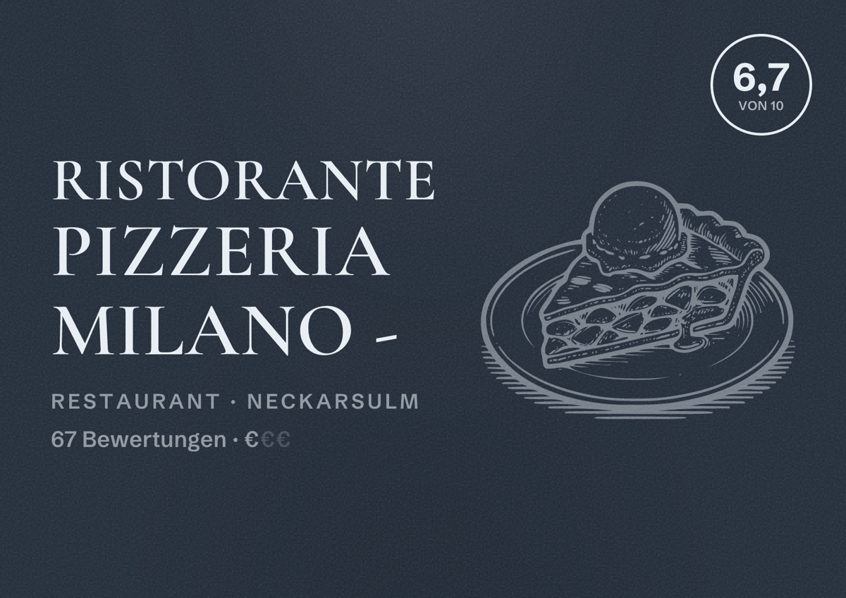 Illustriertes Poster von Ristorante Pizzeria Milano -, Restaurant in Neckarsulm: Bewertung 6,7 von 10 aus 67 Bewertungen, Preisniveau €
