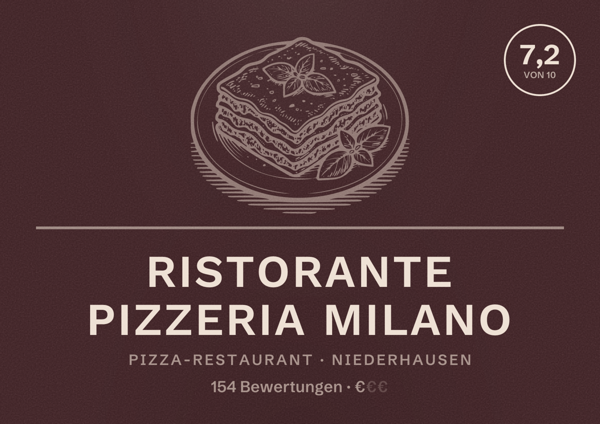 Illustriertes Poster von Ristorante Pizzeria Milano, Pizza-Restaurant in Niederhausen: Bewertung 7,2 von 10 aus 154 Bewertungen, Preisniveau €