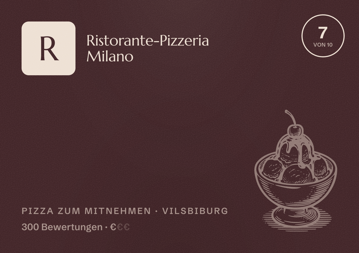 Illustriertes Poster von Ristorante-Pizzeria Milano, Pizza zum Mitnehmen in Vilsbiburg: Bewertung 7 von 10 aus 300 Bewertungen, Preisniveau €