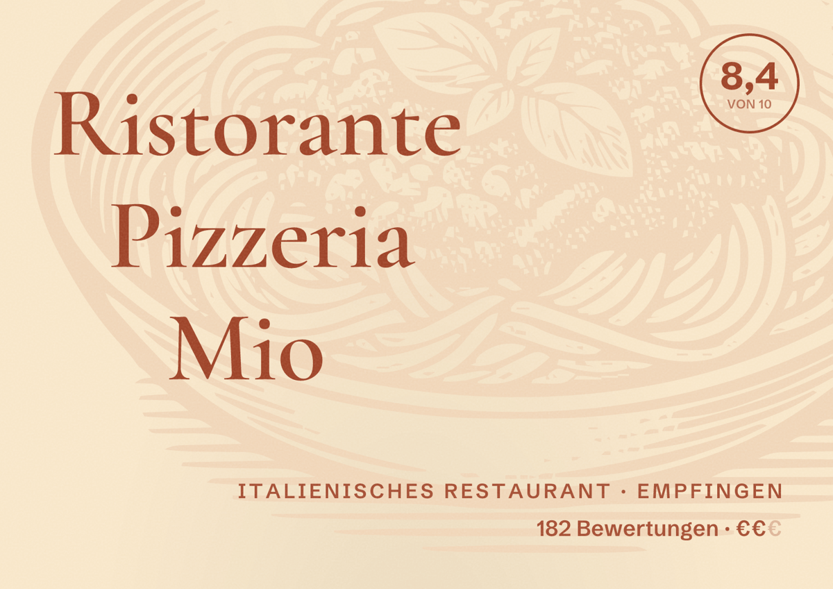 Illustriertes Poster von Ristorante Pizzeria Mio, Italienisches Restaurant in Empfingen: Bewertung 8,4 von 10 aus 182 Bewertungen, Preisniveau €€