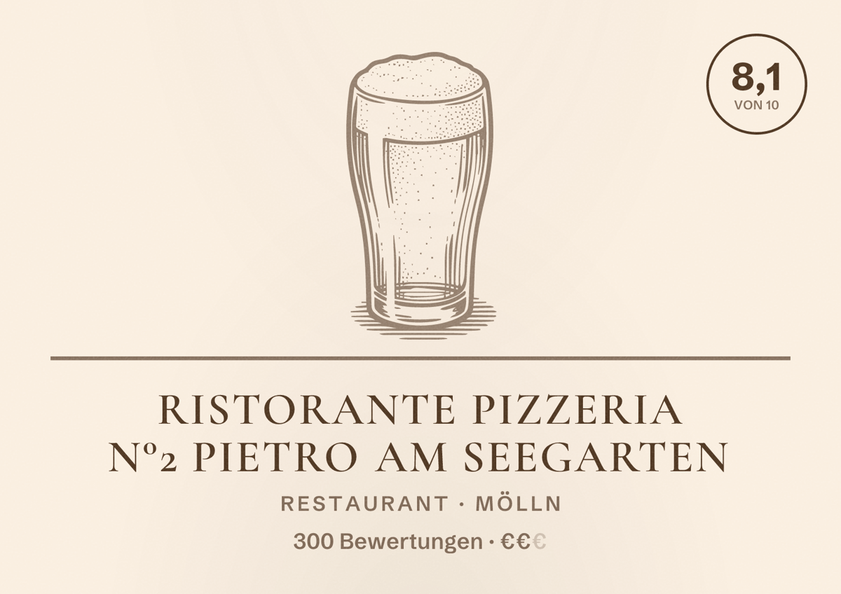 Illustriertes Poster von Ristorante Pizzeria N°2 Pietro Am Seegarten, Restaurant in Mölln: Bewertung 8,1 von 10 aus 300 Bewertungen, Preisniveau €€