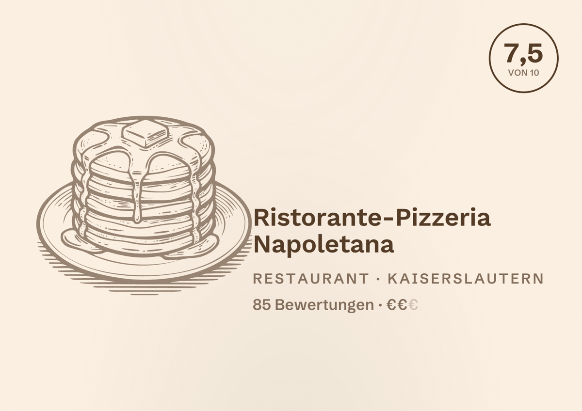 Illustriertes Poster von Ristorante-Pizzeria Napoletana, Restaurant in Kaiserslautern: Bewertung 7,5 von 10 aus 85 Bewertungen, Preisniveau €€