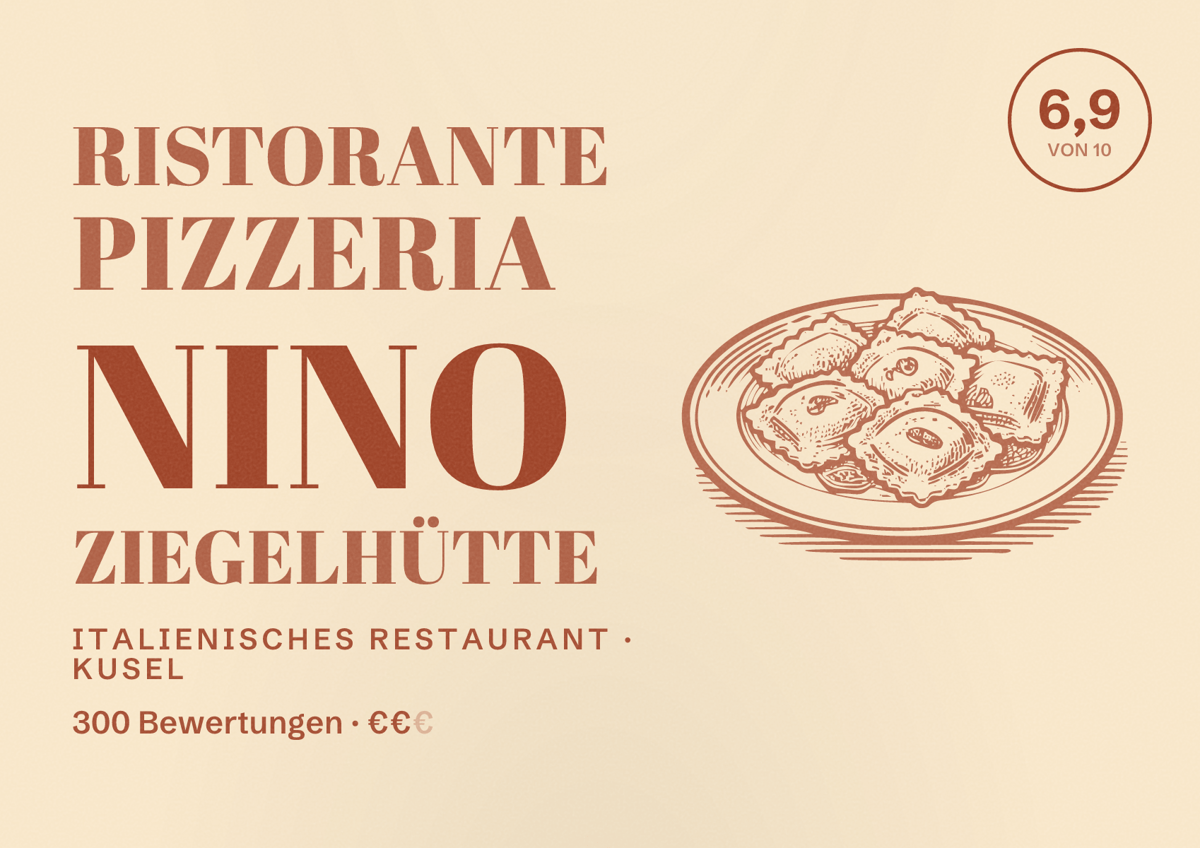 Illustriertes Poster von Ristorante Pizzeria Nino Ziegelhütte, Italienisches Restaurant in Kusel: Bewertung 6,9 von 10 aus 300 Bewertungen, Preisniveau €€