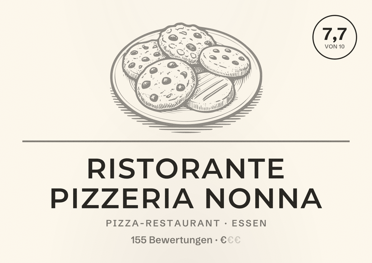 Illustriertes Poster von Ristorante Pizzeria Nonna, Pizza-Restaurant in Essen: Bewertung 7,7 von 10 aus 155 Bewertungen, Preisniveau €