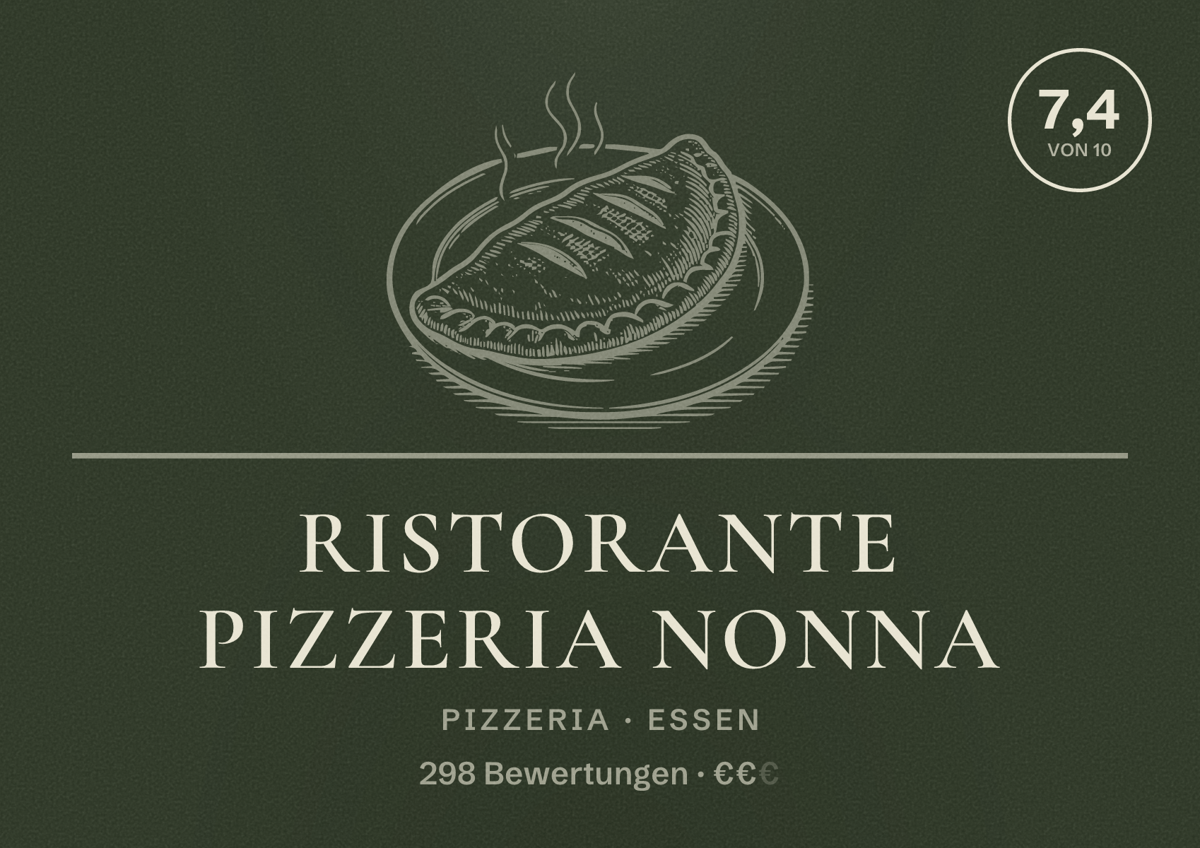 Illustriertes Poster von Ristorante Pizzeria Nonna, Pizzeria in Essen: Bewertung 7,4 von 10 aus 298 Bewertungen, Preisniveau €€