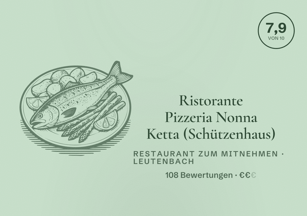 Illustriertes Poster von Ristorante Pizzeria Nonna Ketta (Schützenhaus), Restaurant zum Mitnehmen in Leutenbach: Bewertung 7,9 von 10 aus 108 Bewertungen, Preisniveau €€