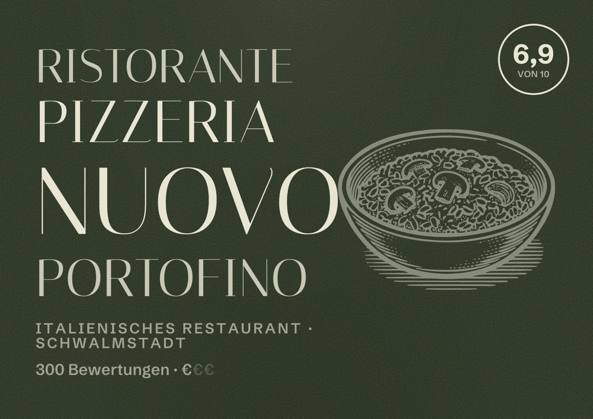 Illustriertes Poster von Ristorante Pizzeria Nuovo Portofino, Italienisches Restaurant in Schwalmstadt: Bewertung 6,9 von 10 aus 300 Bewertungen, Preisniveau €