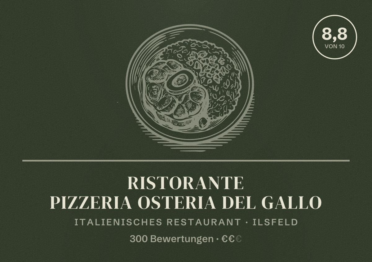 Illustriertes Poster von Ristorante Pizzeria Osteria Del Gallo, Italienisches Restaurant in Ilsfeld: Bewertung 8,8 von 10 aus 300 Bewertungen, Preisniveau €€
