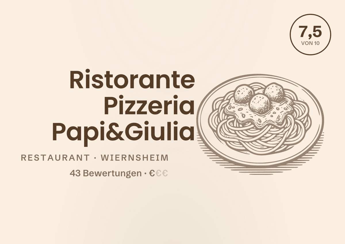 Illustriertes Poster von Ristorante Pizzeria Papi&Giulia, Restaurant in Wiernsheim: Bewertung 7,5 von 10 aus 43 Bewertungen, Preisniveau €
