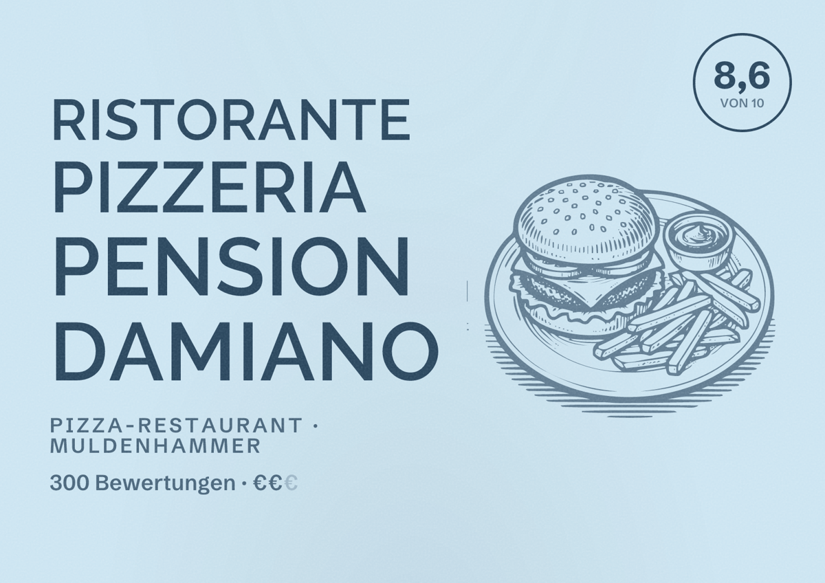 Illustriertes Poster von Ristorante Pizzeria Pension Damiano, Pizza-Restaurant in Muldenhammer: Bewertung 8,6 von 10 aus 300 Bewertungen, Preisniveau €€